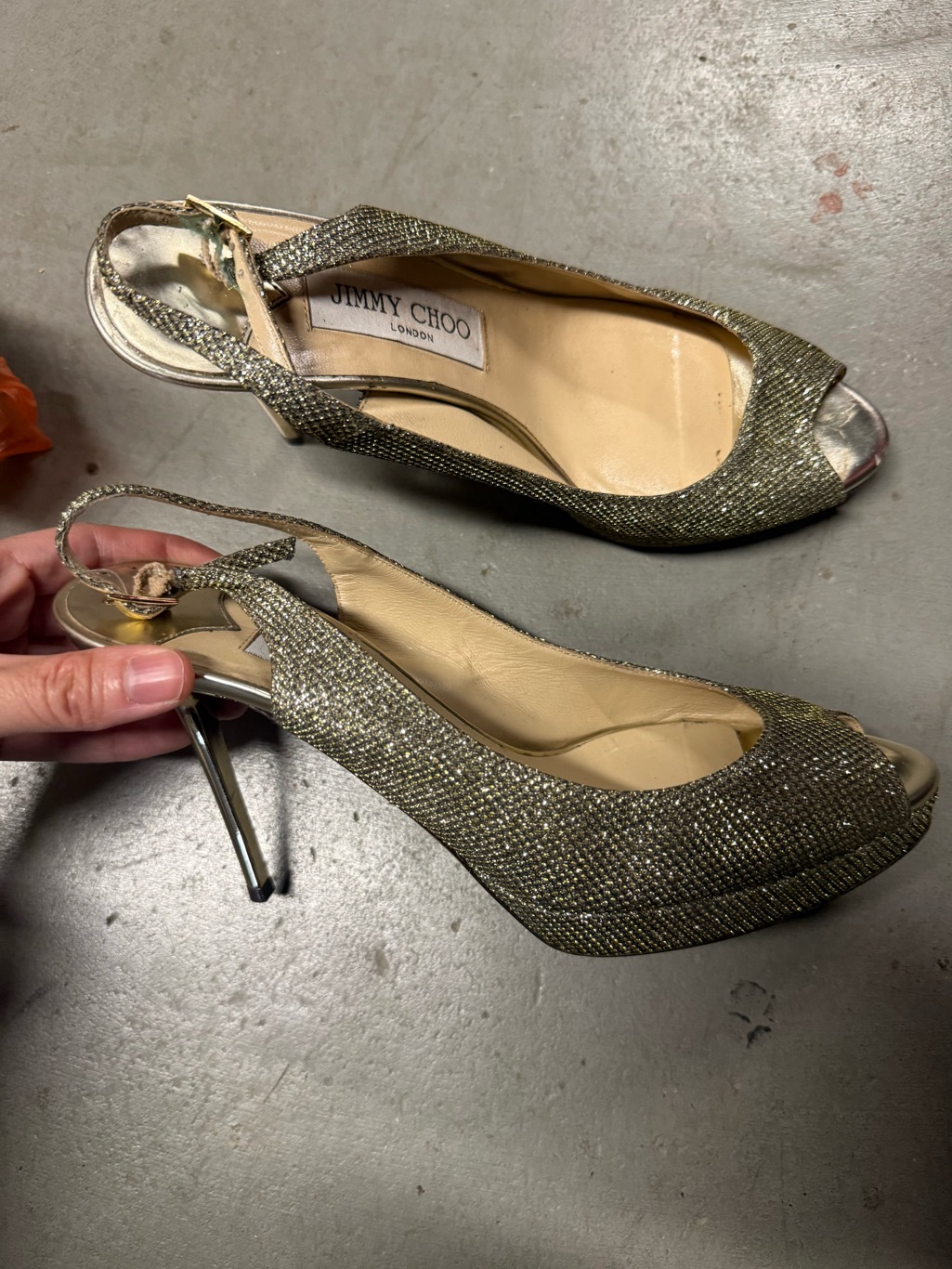 Jimmy Choo 'Nova' Champagne Glitter Slingback Pumps Size 37.5 Euc